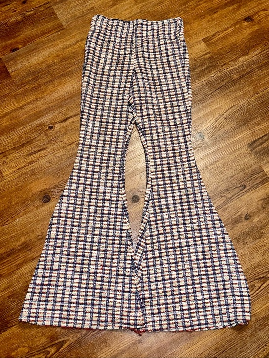Judith March Pants - Judith March Retro 70s Tweed Navy Cream Red Plaid Knit Flare Bell Bottoms Size S
